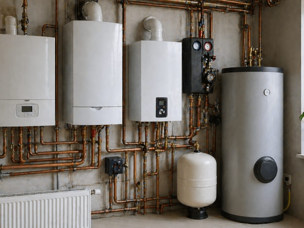 A utility room with types boilers, a hot water cylinder, pressure gauges, a radiator, and exposed copper pipes mounted on a concrete wall.
