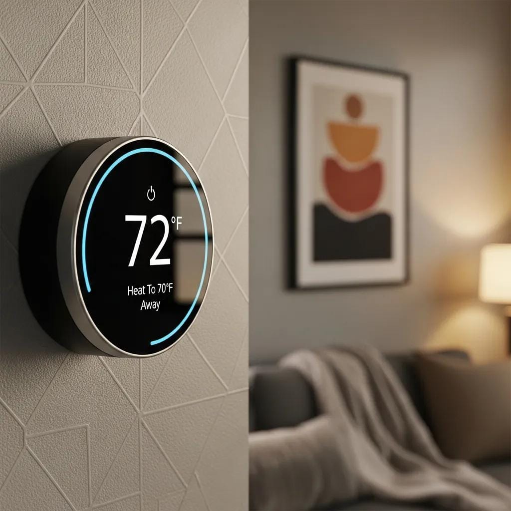 Smart thermostat displayed in a cozy living room, showcasing modern home technology