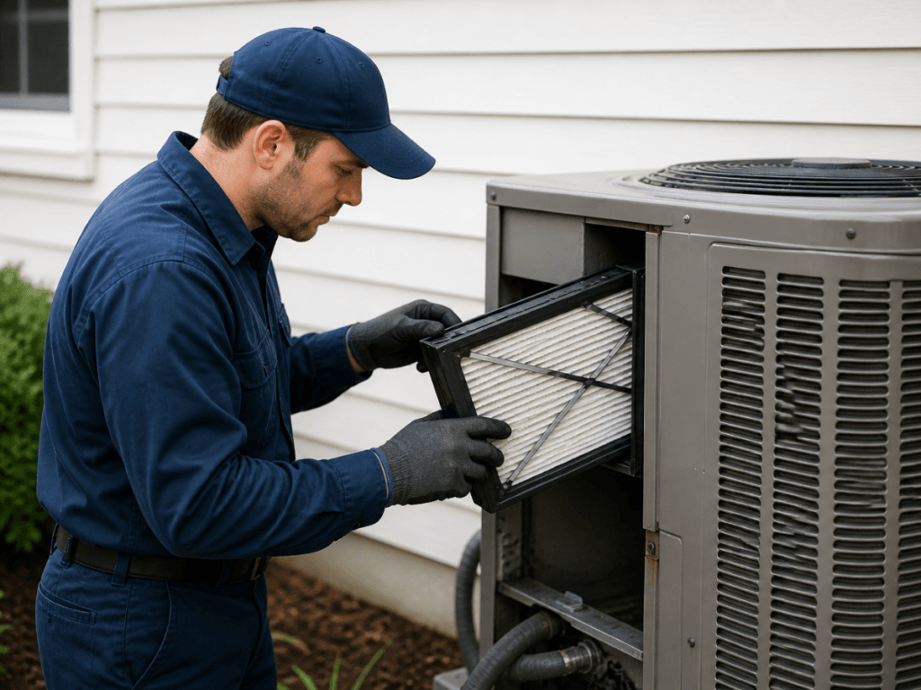 A technician in uniform and gloves removes a dirty air filter from an outdoor HVAC unit next to a house during Summer AC Prep.