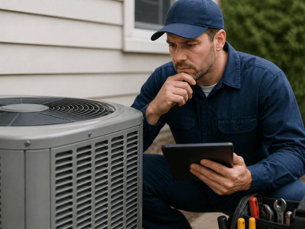A technician in a blue uniform examines an outdoor air conditioning unit for Summer AC Prep while holding a tablet, and a tool bag sits nearby.