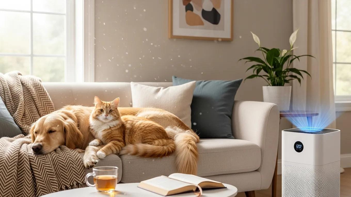 Cozy living room with a dog and cat, highlighting effective pet dander management