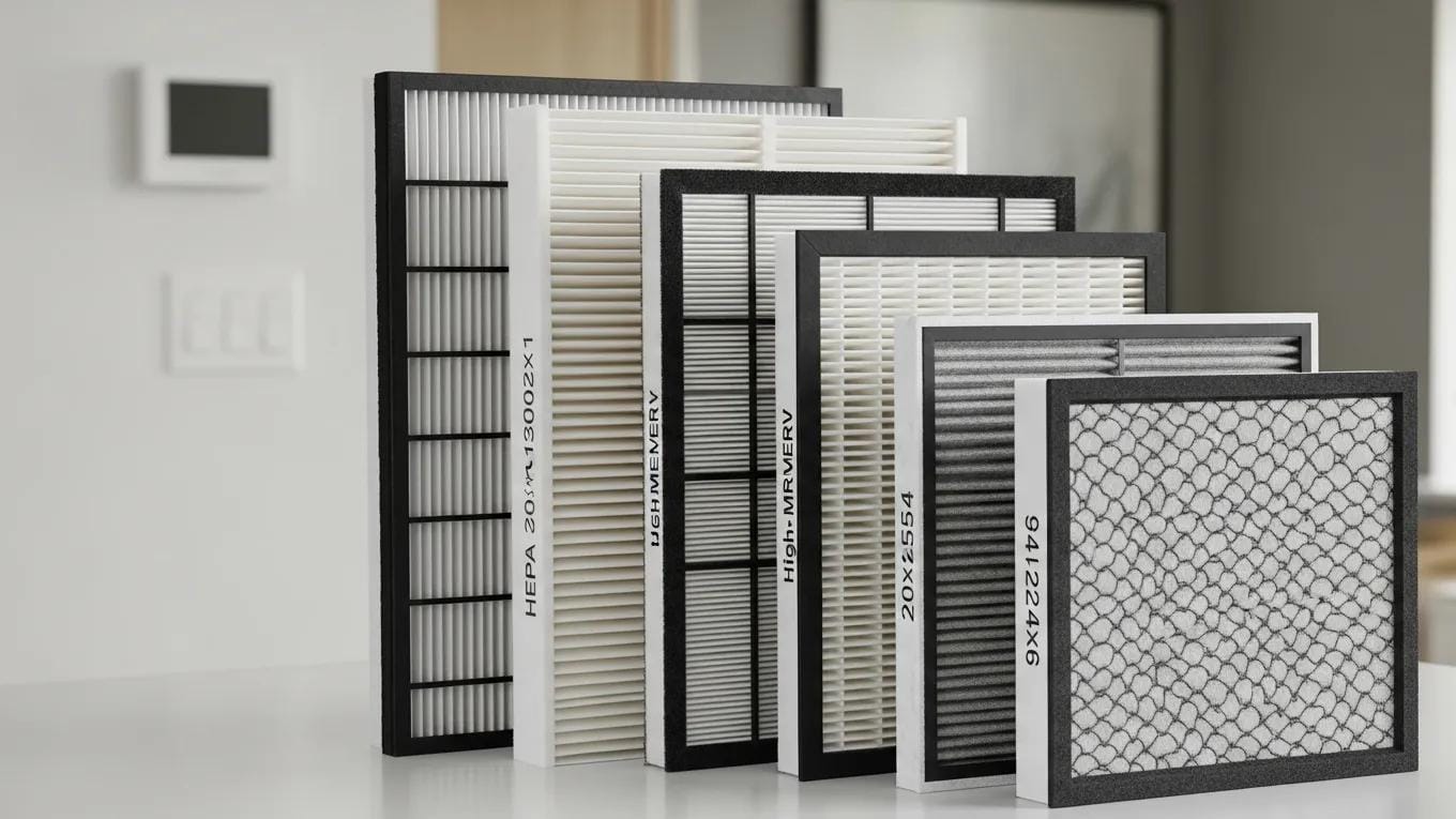 Different types of HVAC filters for pet allergen removal, including HEPA and High-MERV
