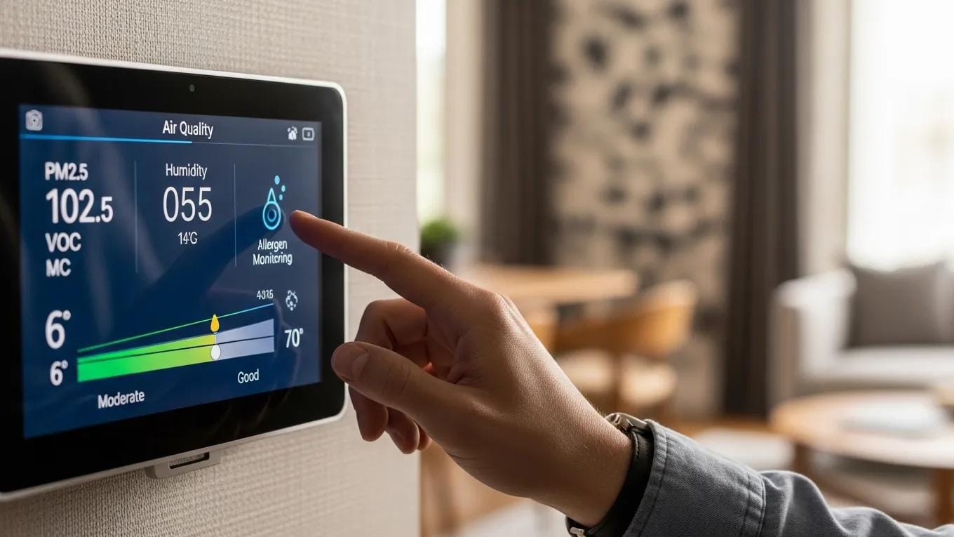 Smart thermostat displaying air quality metrics, enhancing HVAC allergen monitoring