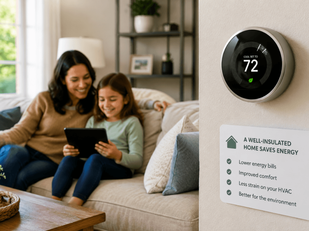 A smart thermostat set to 72°F on a wall near an energy savings sign highlights the benefits of proper home insulation; a woman and child relax on the couch in the background using a tablet, enjoying efficient HVAC comfort.