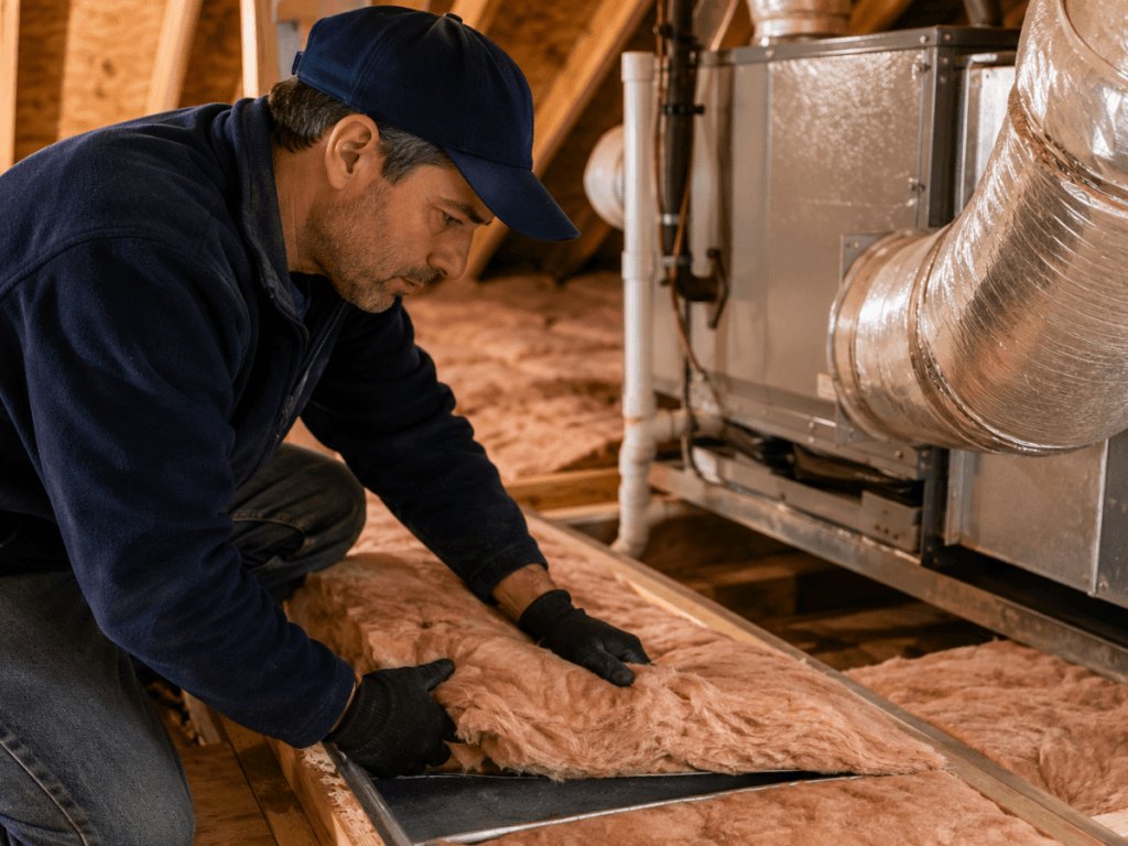 Home Insulation HVAC Performance Strategies for Year-Round Comfort 4 A man in work gloves installs fiberglass home insulation in an attic near HVAC ductwork.