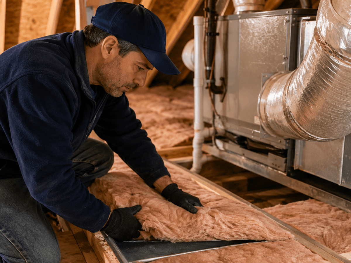 A man in work gloves installs fiberglass home insulation in an attic near HVAC ductwork.