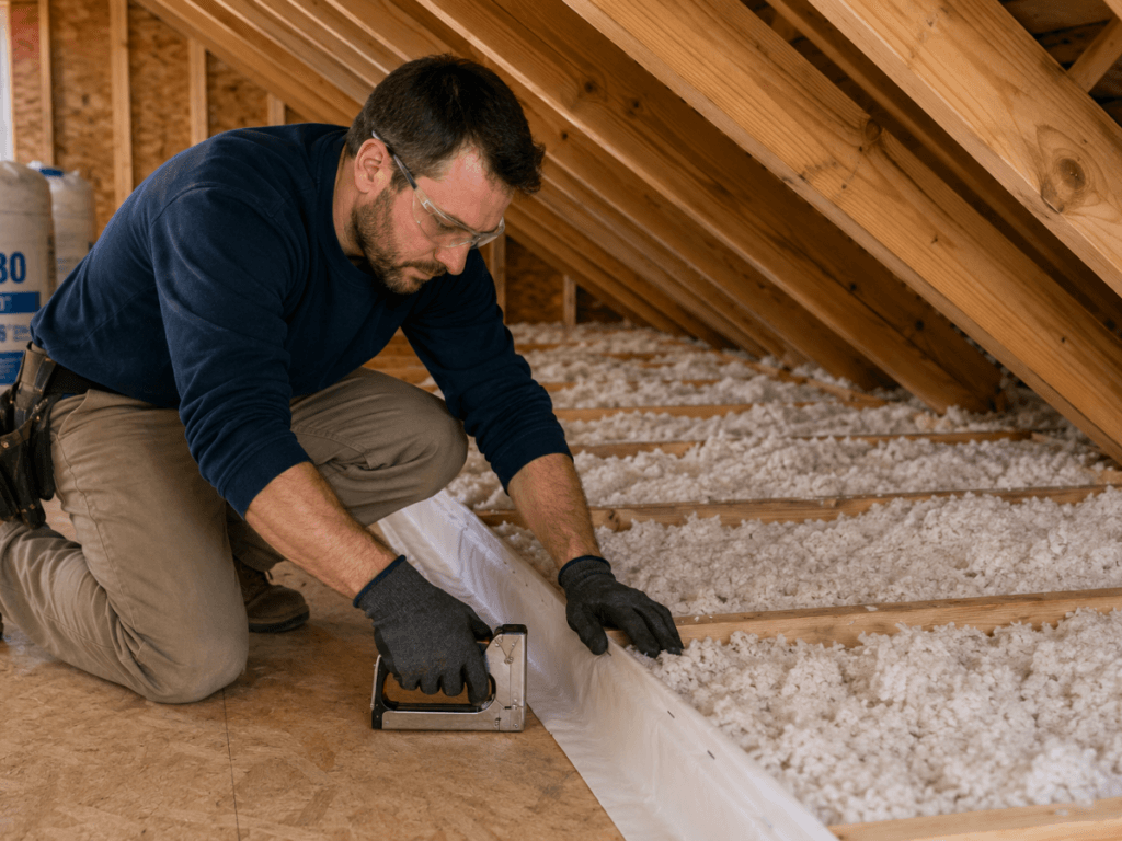 A man kneels in an attic, using a staple gun to secure a plastic sheet next to loose-fill home insulation between wooden joists—an important step for maintaining efficient HVAC performance.