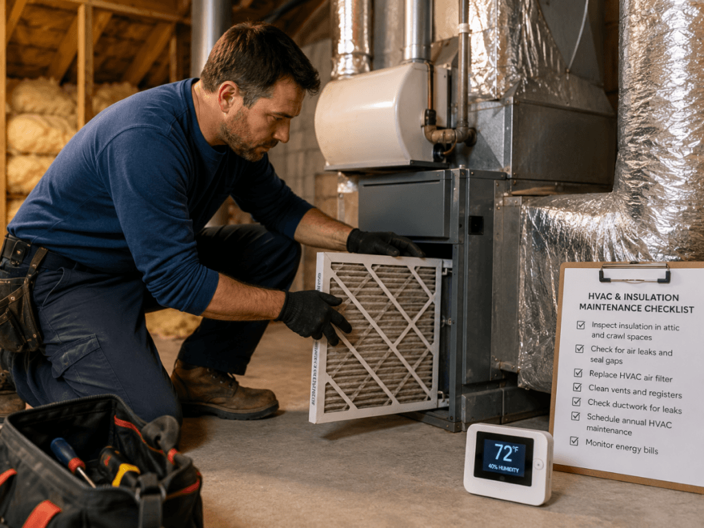 A technician replaces an HVAC filter in a basement next to a maintenance checklist and a digital thermostat displaying 72°F. A tool bag is on the floor, highlighting the importance of regular HVAC care and home insulation for optimal comfort.