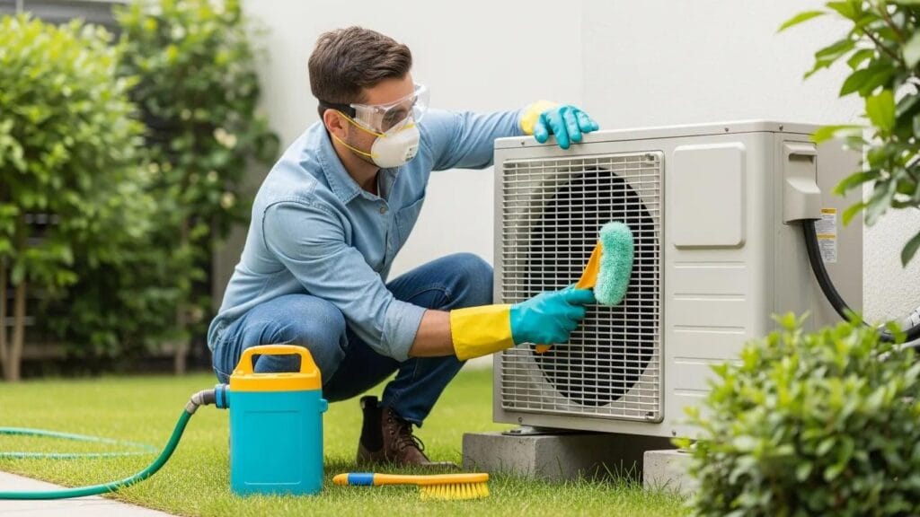 Clean AC Unit Tips for Better Airflow and Performance 1 Homeowner cleaning outdoor AC unit with safety gear in a garden setting