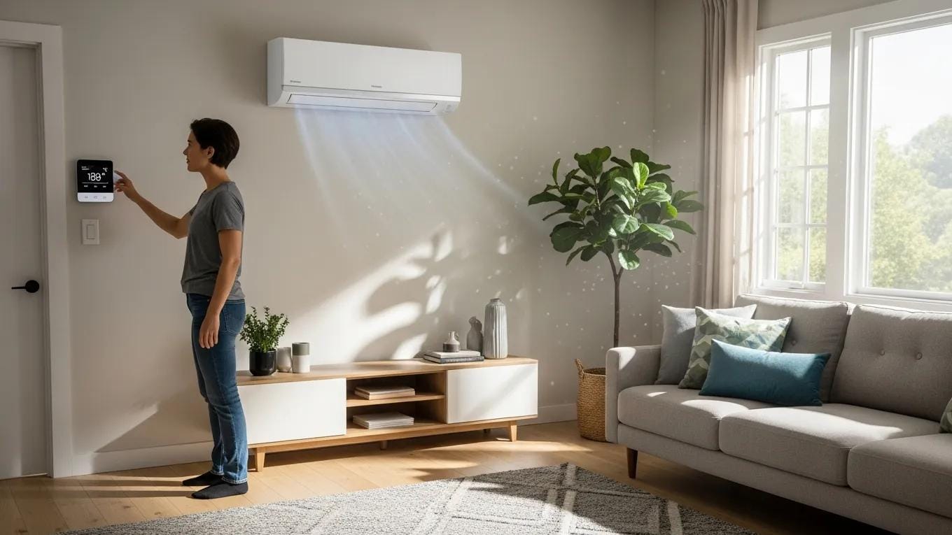 Modern air conditioning unit in a bright living room with a person adjusting the thermostat