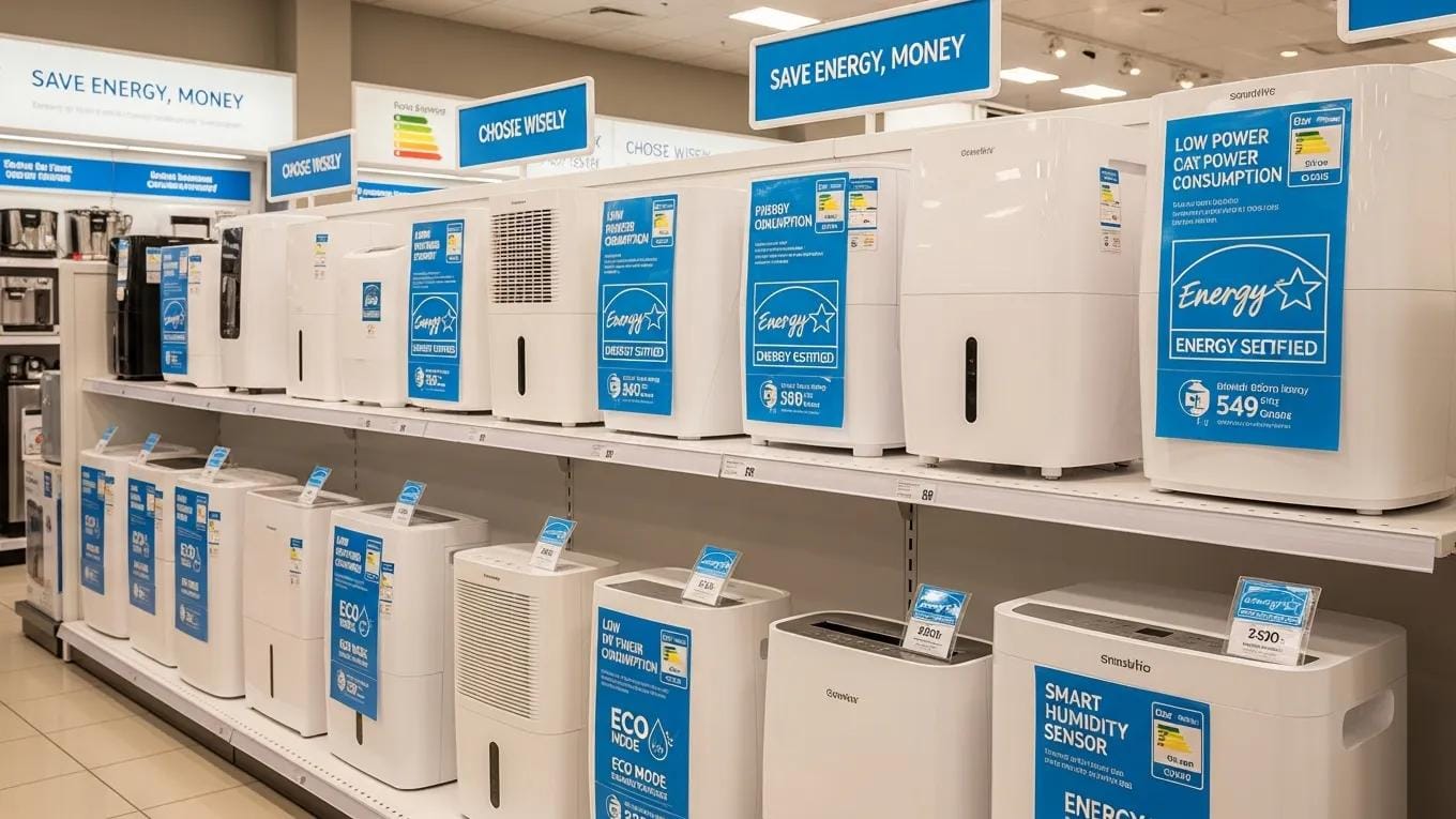 Selection of energy-efficient dehumidifiers in a home appliance store, emphasizing eco-friendly choices