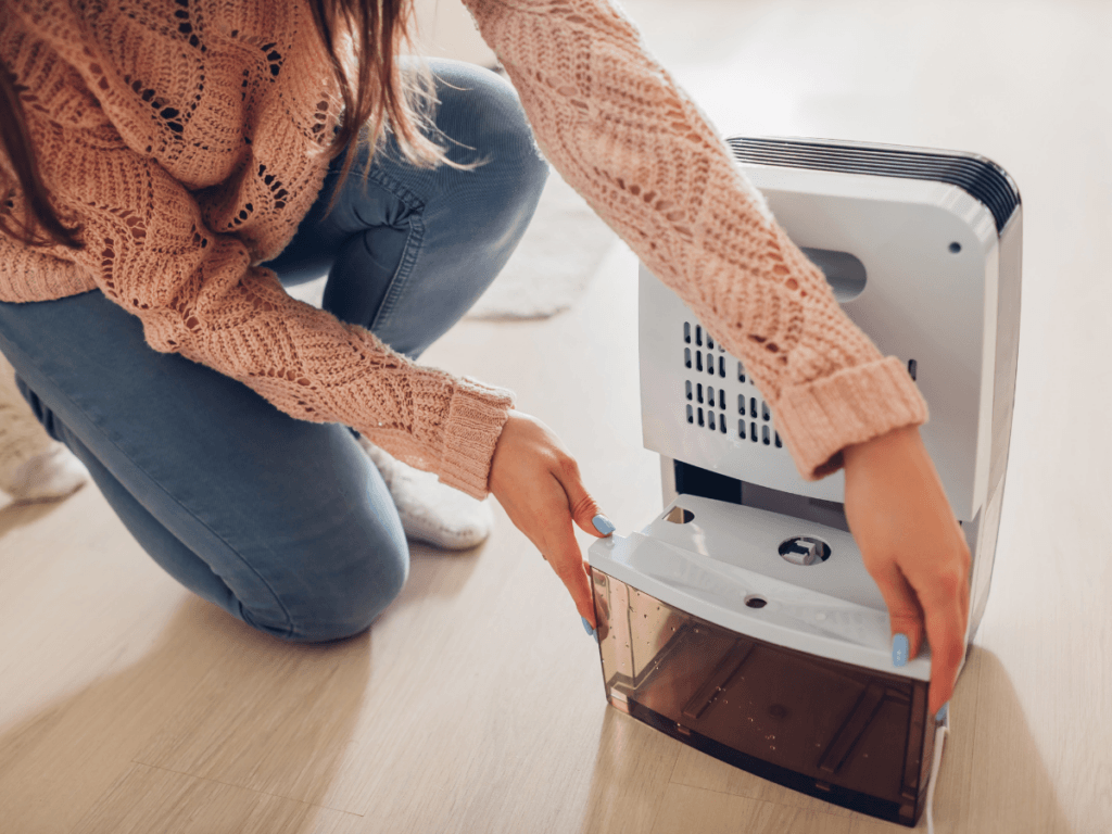 Woman removing the water tank from a portable dehumidifier while kneeling on a wooden floor, considering an upgrade to a whole-home dehumidifier for more comprehensive moisture control.