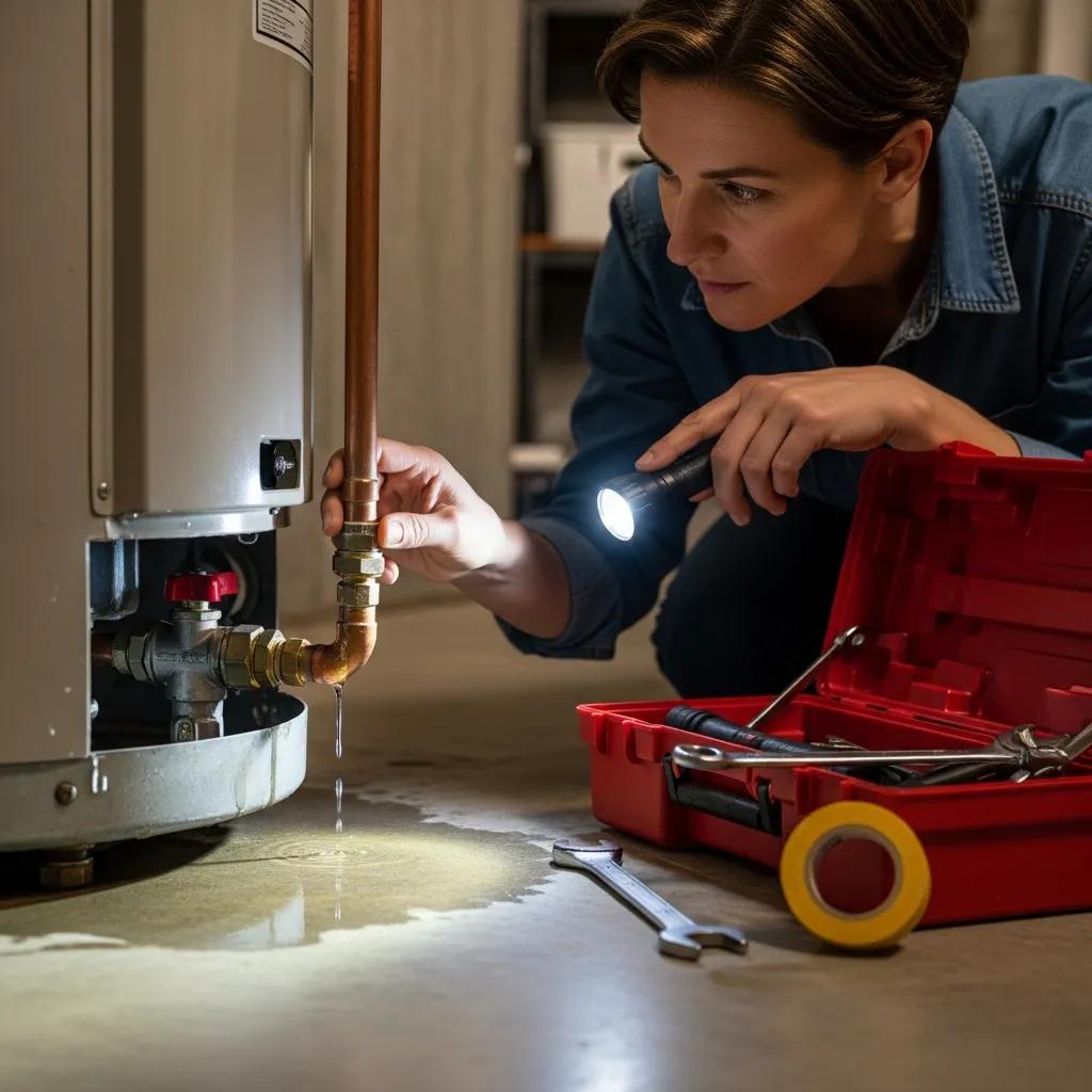 Homeowner diagnosing water heater leaks, focusing on visible pipes and valves